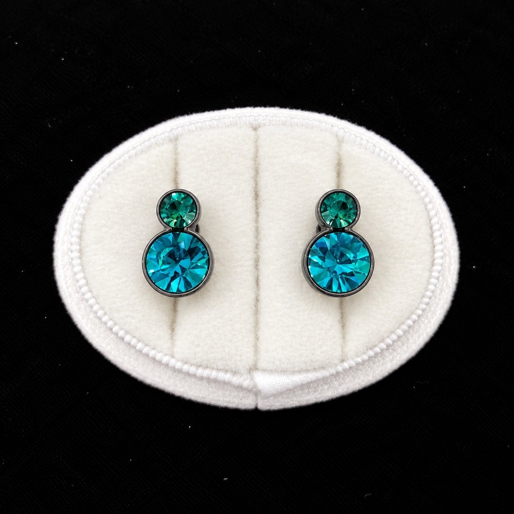 Blue Green Crystal Drop Earrings Gunmetal Tone Double Round Pierced Statement